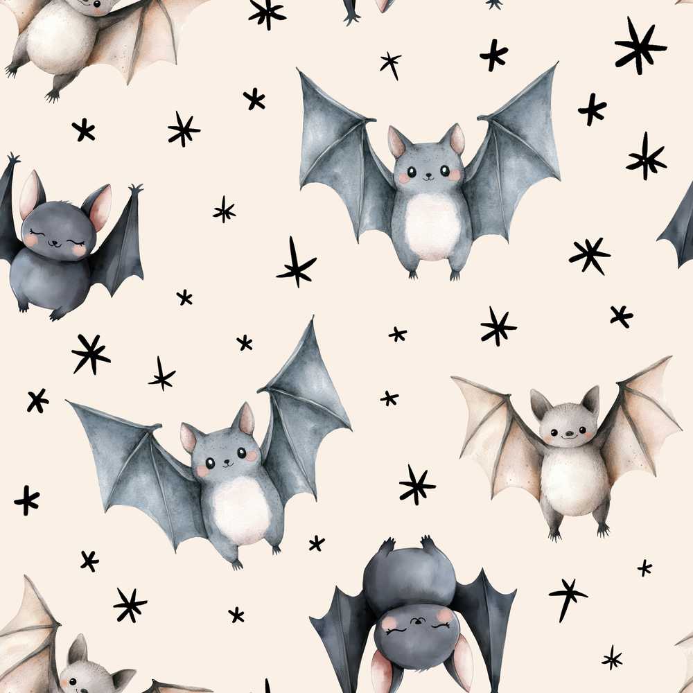 Cute Watercolor Bats and Stars Warm Cream Background