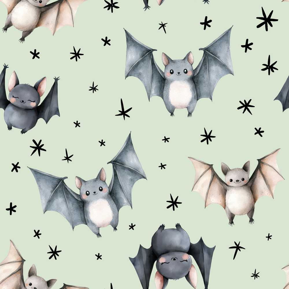 Cute Watercolor Bats and Stars Soft Green Background