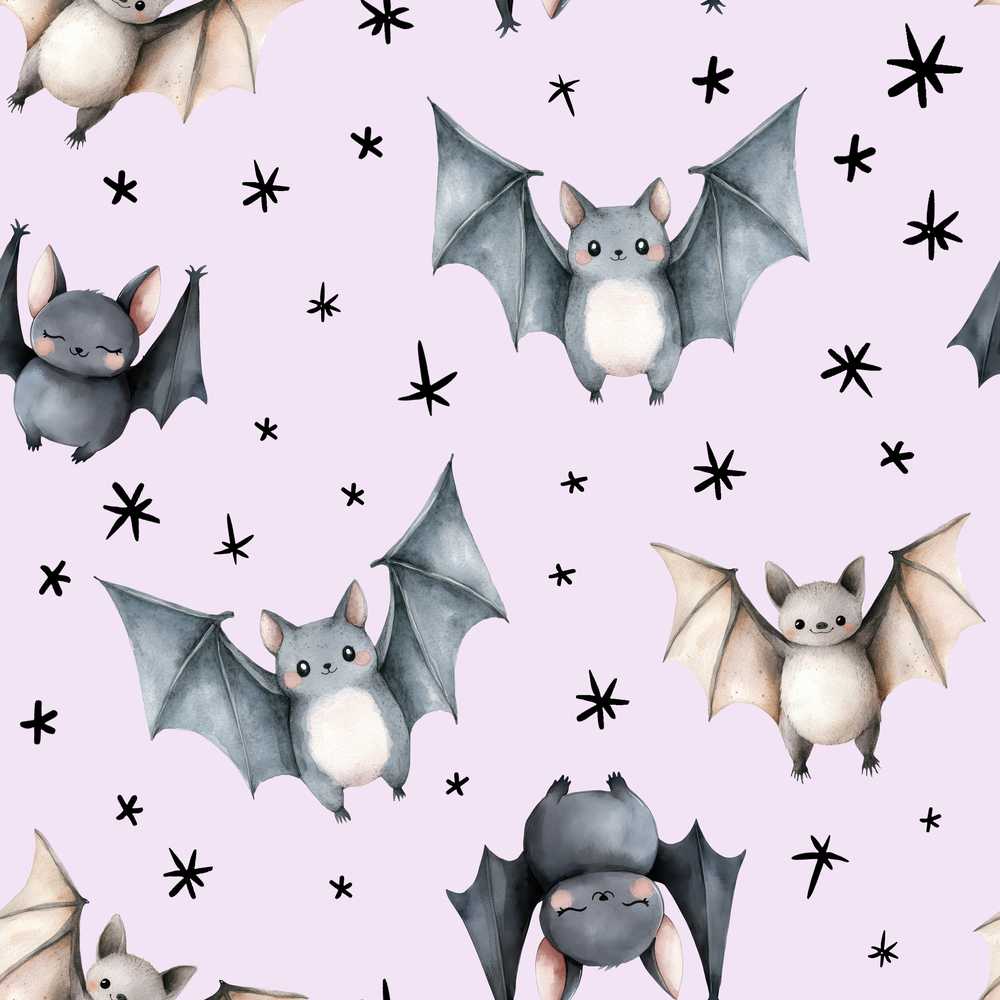 Cute Watercolor Bats and Stars Pastel Lilac Background