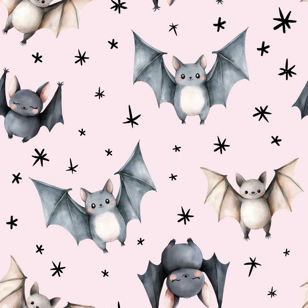 Cute Watercolor Bats and Stars Blush Pink Background
