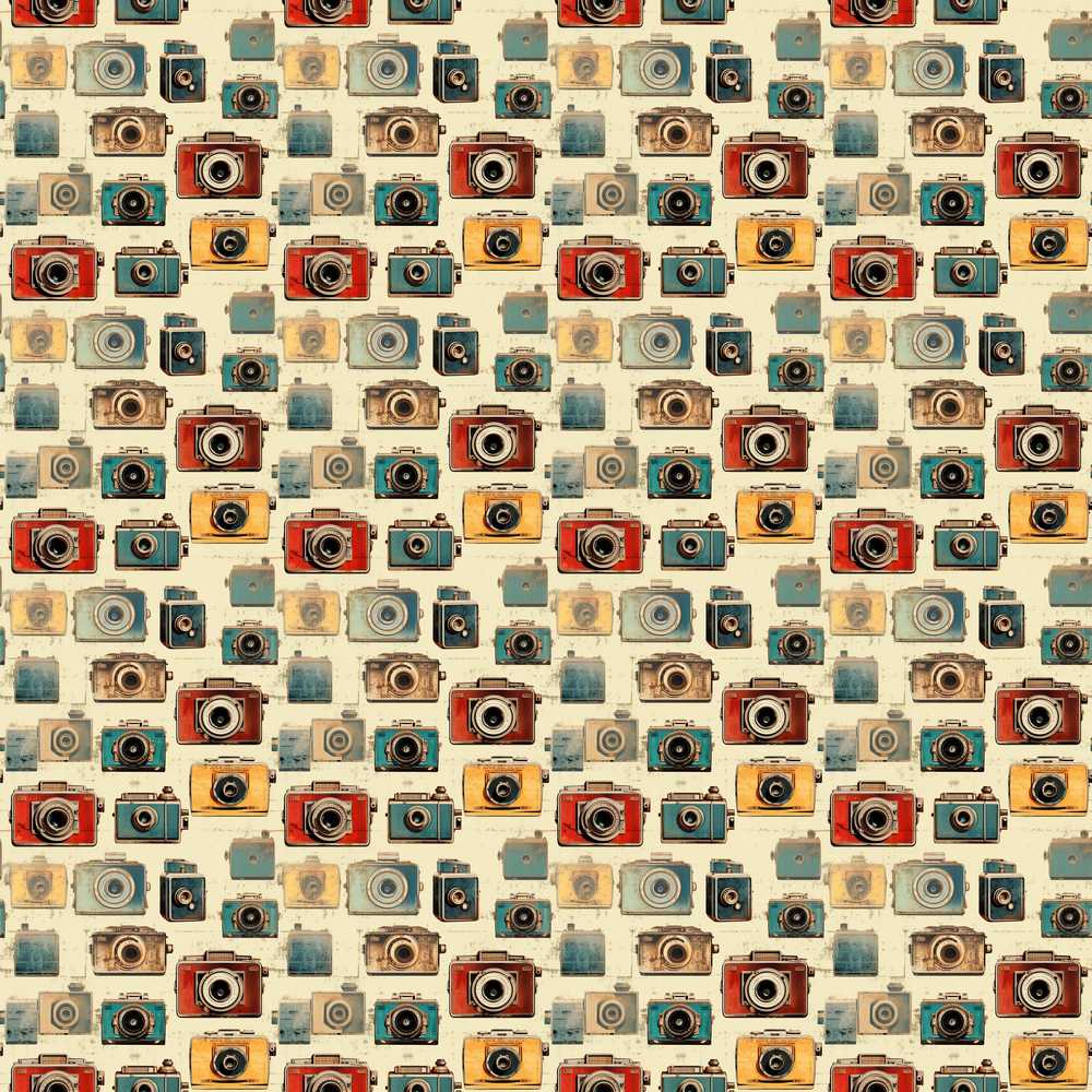 Vintage Colourful Retro Camera Grid on Cream Background