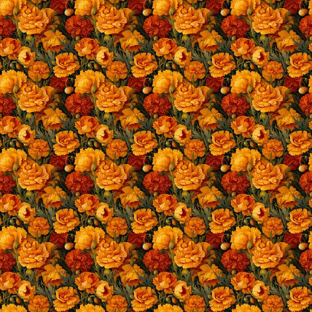 Rich Orange Floral Garden on Dark Background Wildflower Pattern