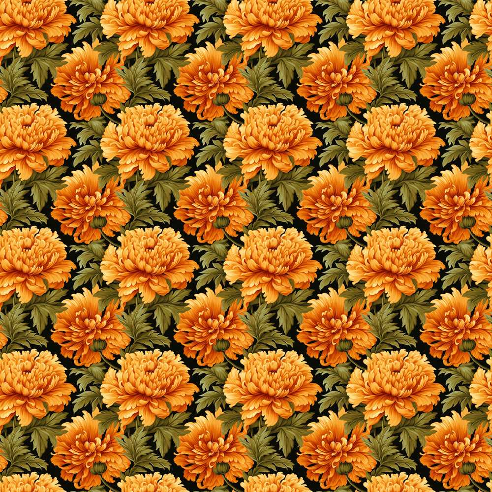 Bold Orange Chrysanthemum Floral on Black Background Wildflower Pattern