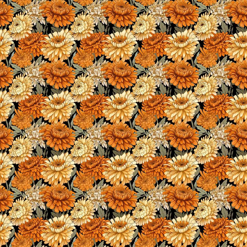 Orange and Cream Chrysanthemum Floral on Black Wildflower Pattern