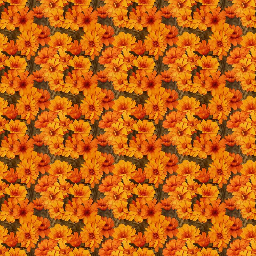 Dense Orange Marigold Floral Warm Autumn Tones Wildflower Pattern