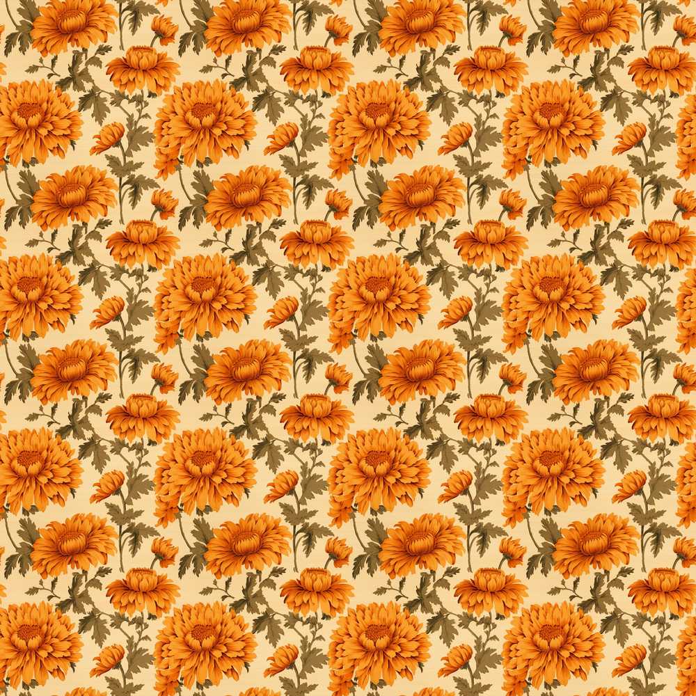 Classic Orange Chrysanthemum Floral on Beige Background Wildflower Pattern