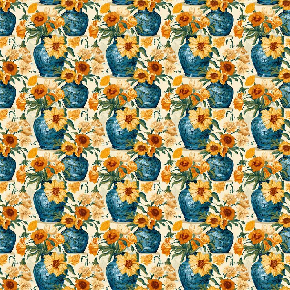 Blue Vase with Orange Flowers Artistic Floral Decor Wildflower