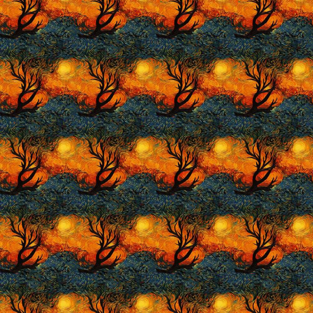 Artistic Swirl Landscape with Trees and Sun in Rich Textured