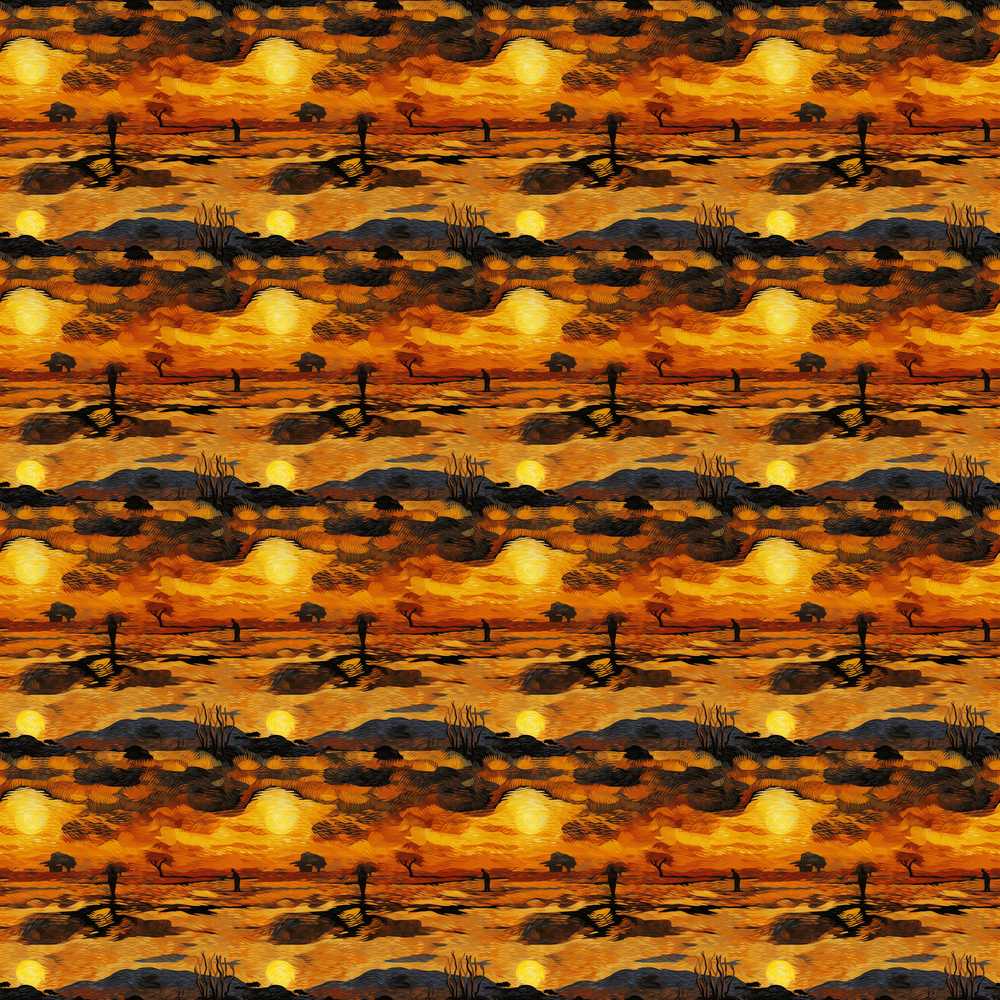 Textured African Landscape with Sunset Scene and Silhouettes in Warm