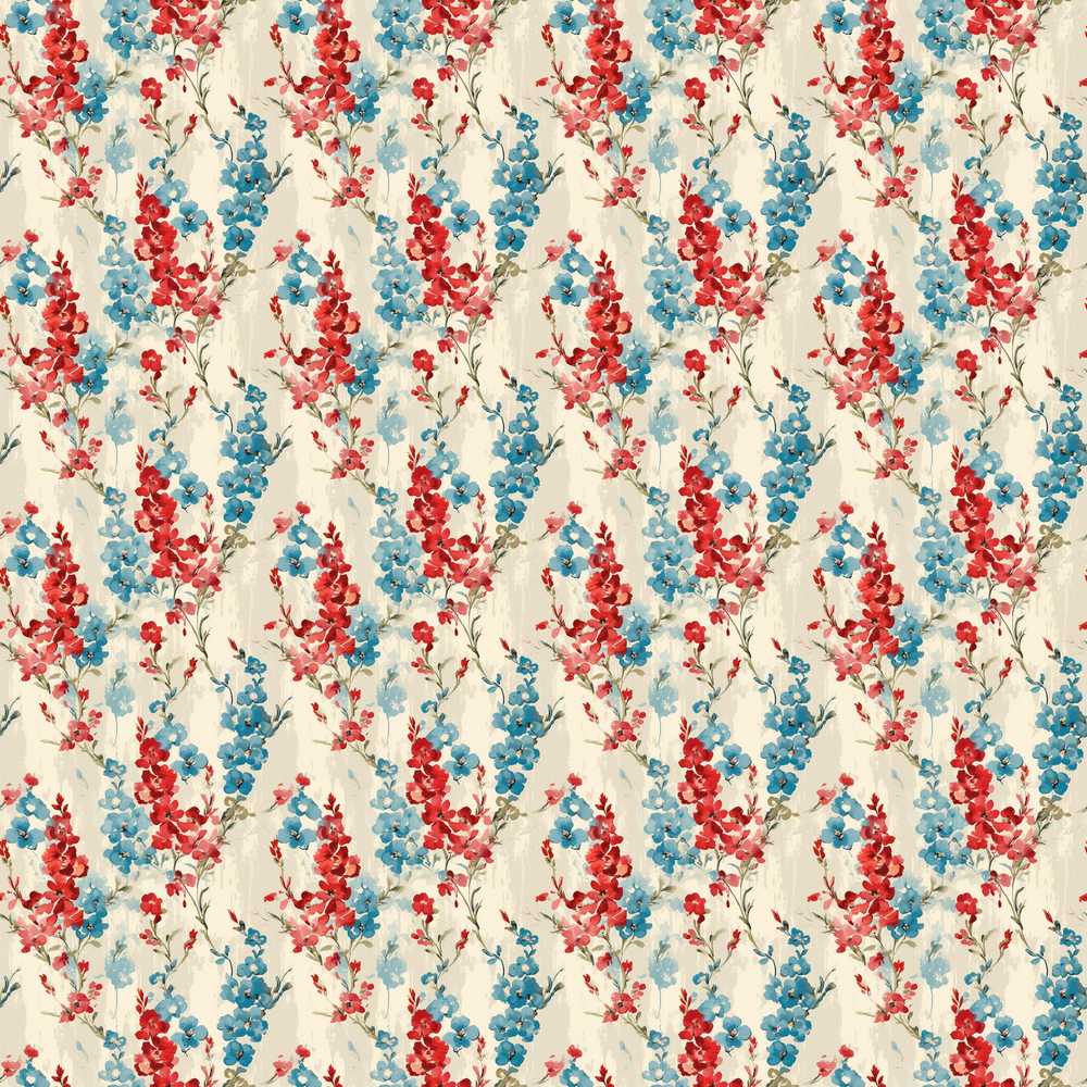 Red and Blue Floral Stripe on Textured Neutral Background Vintage