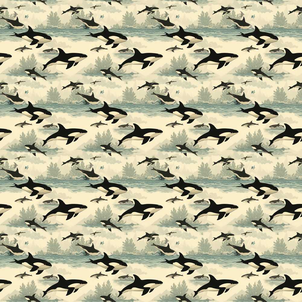 Stylised Orca Whale Underwater Marine Botanical Wildflower Pattern