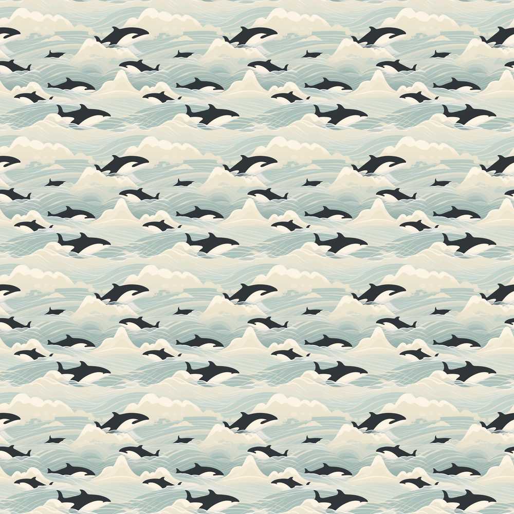 Orca Whale Seaweed Coastal Marine Botanical Wildflower Pattern