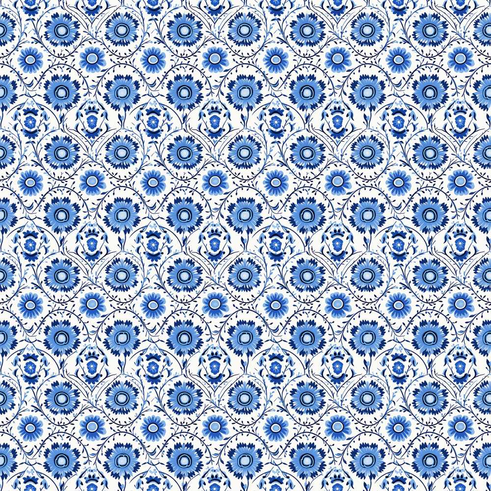 Blue Floral Folk Art Decorative Botanical Tile Style Wildflower