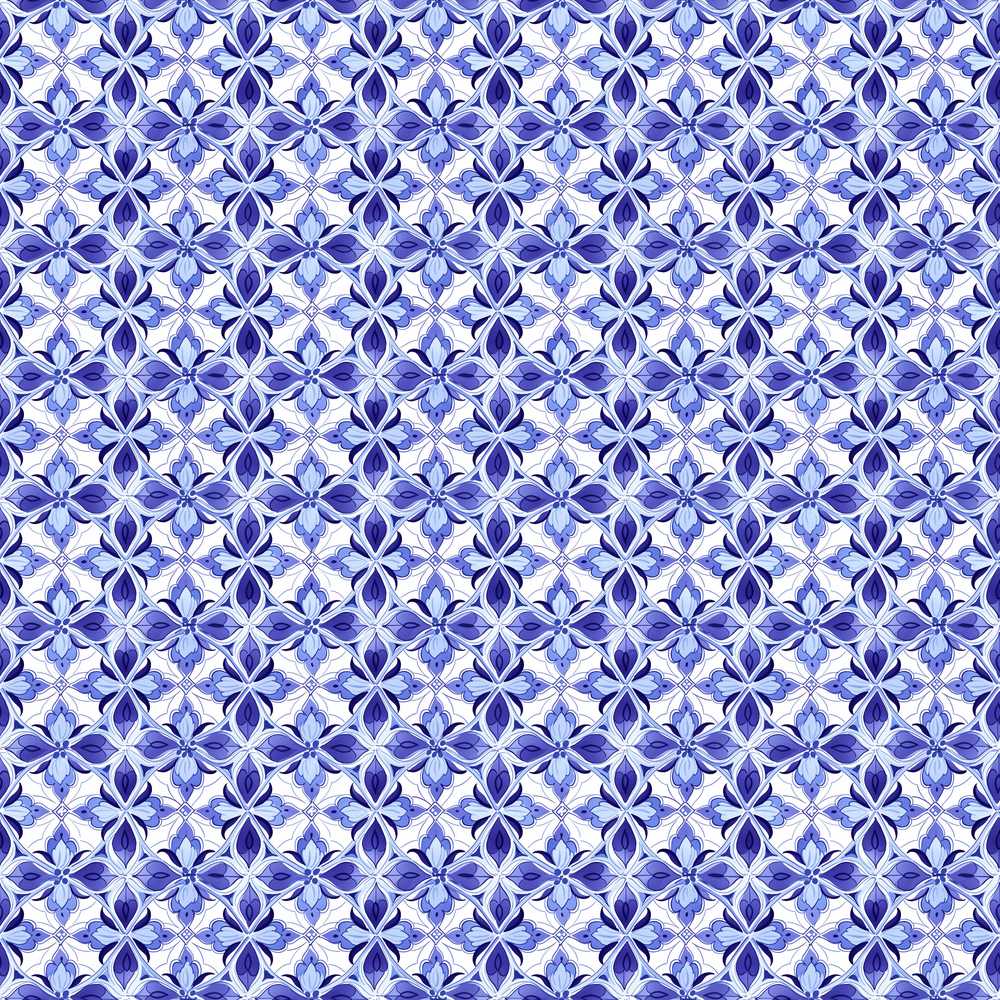 Blue Geometric Floral Tile Ornamental Repeat Wildflower Pattern Botanical