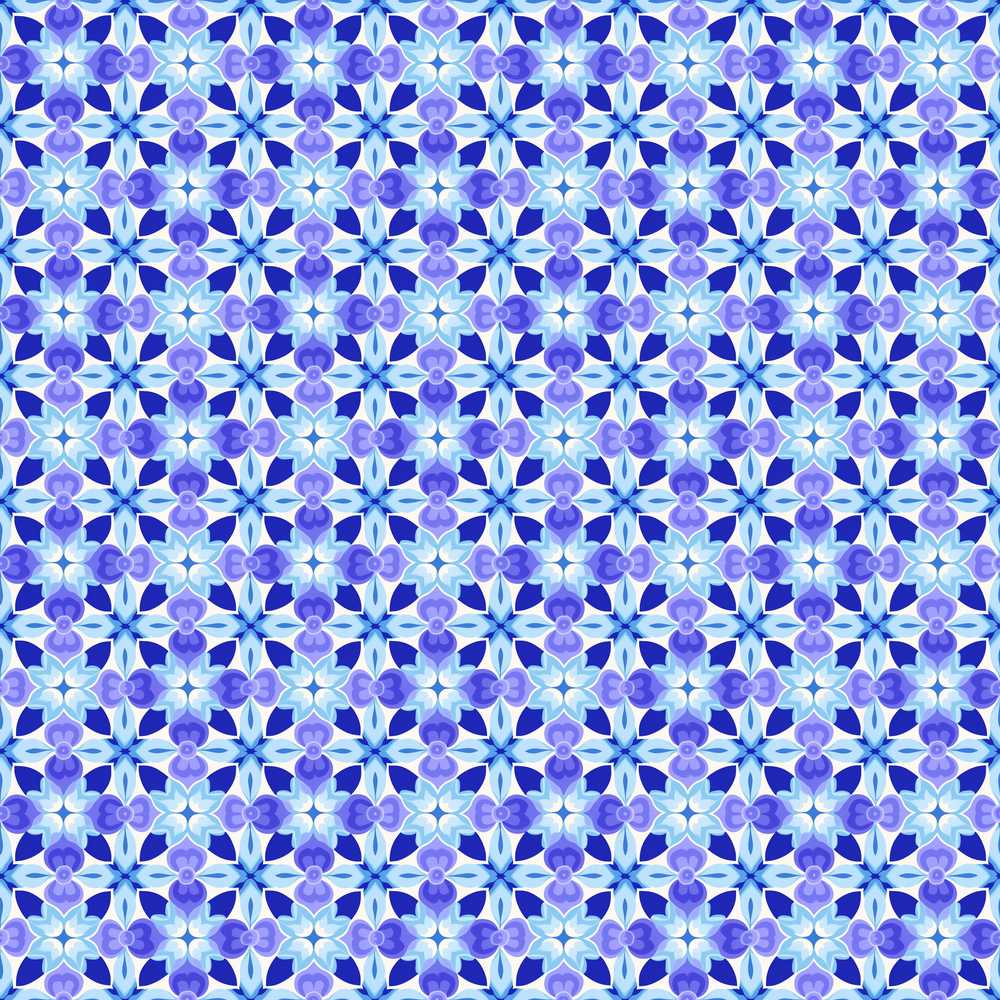 Blue Kaleidoscope Floral Tile Symmetrical Geometric Wildflower Pattern Botanical