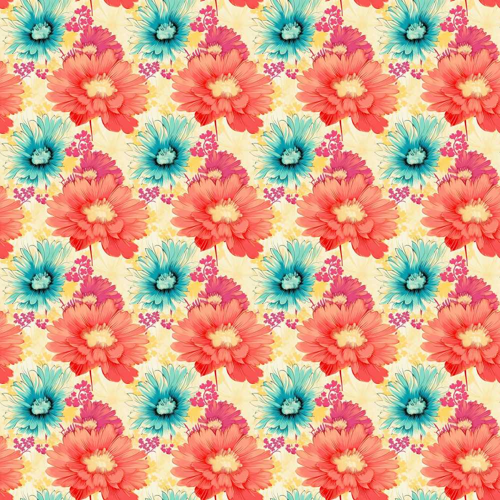 Bright Floral Daisy Coral Blue Vintage Inspired Garden Wildflower