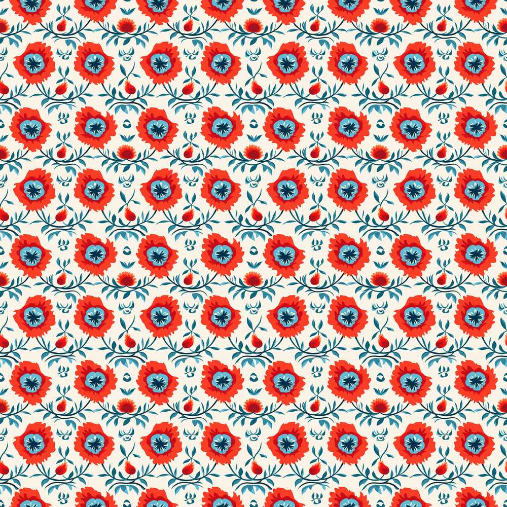 Folk Art Floral Red Flowers Scandinavian Style Seamless Wildflower