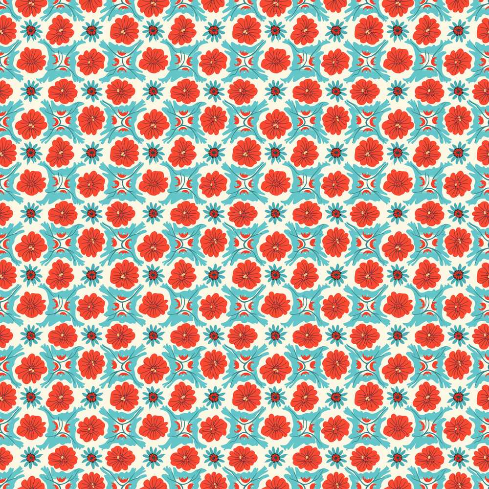 Floral Tile Red and Blue Geometric Botanical Seamless Wildflower