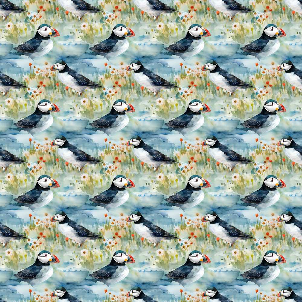 Vintage Puffin Bird and Floral Botanical Coastal Seamless Wildflower