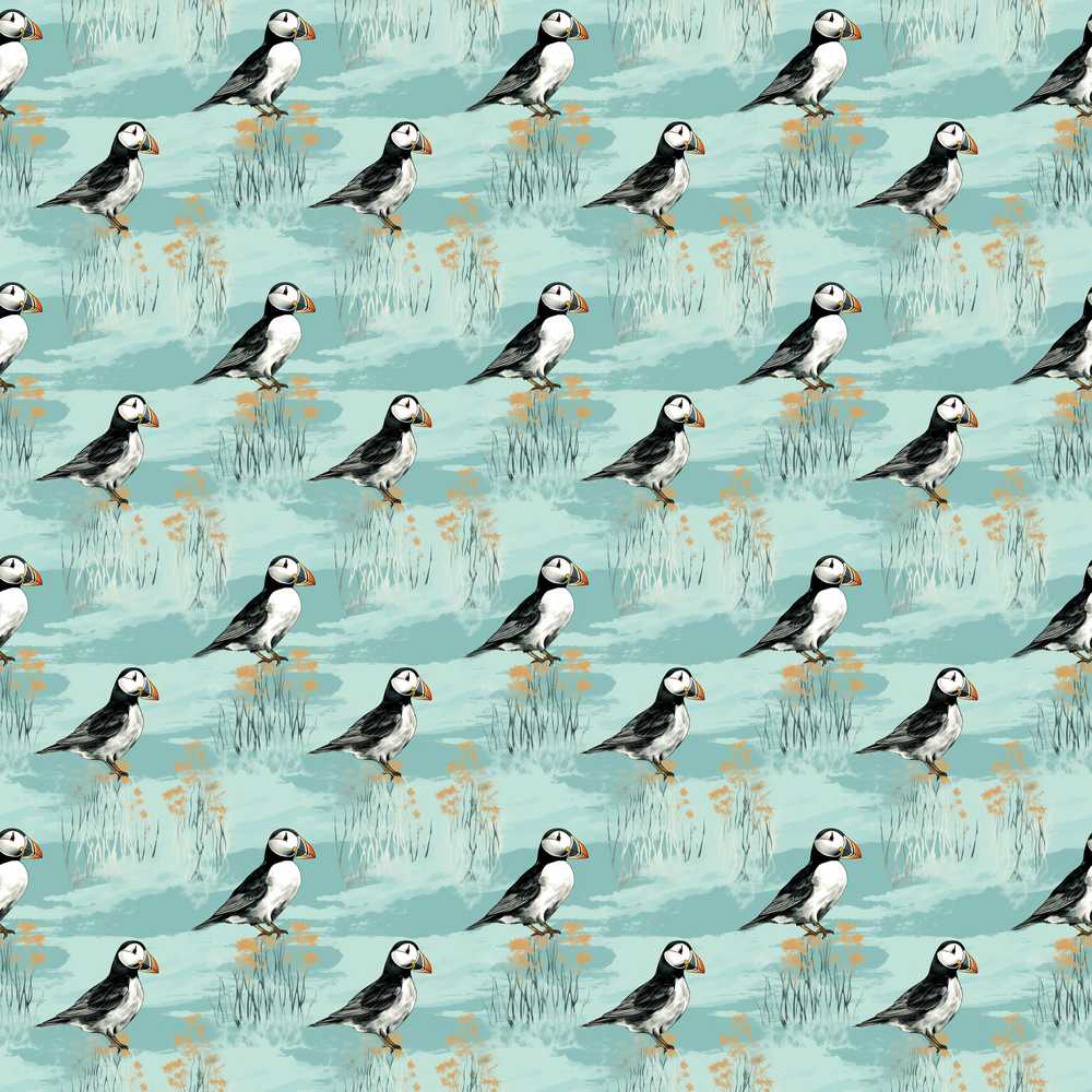 Watercolor Puffin Meadow Soft Wildflower Landscape Seamless Pattern Botanical