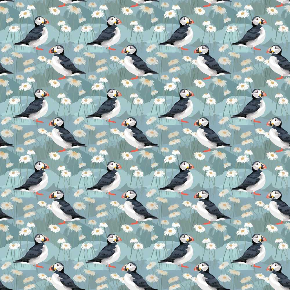Puffin and Daisy Field Soft Blue Nature Seamless Wildflower