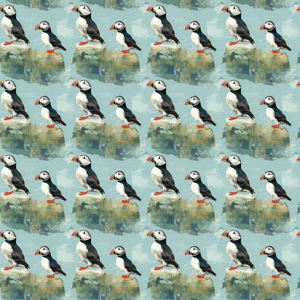 Puffin Bird Coastal Wildlife Rock Scene Seamless Illustration