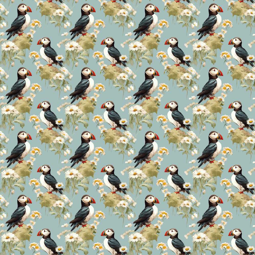 Puffin and Wildflower Garden Nature Inspired Seamless Pattern Botanical