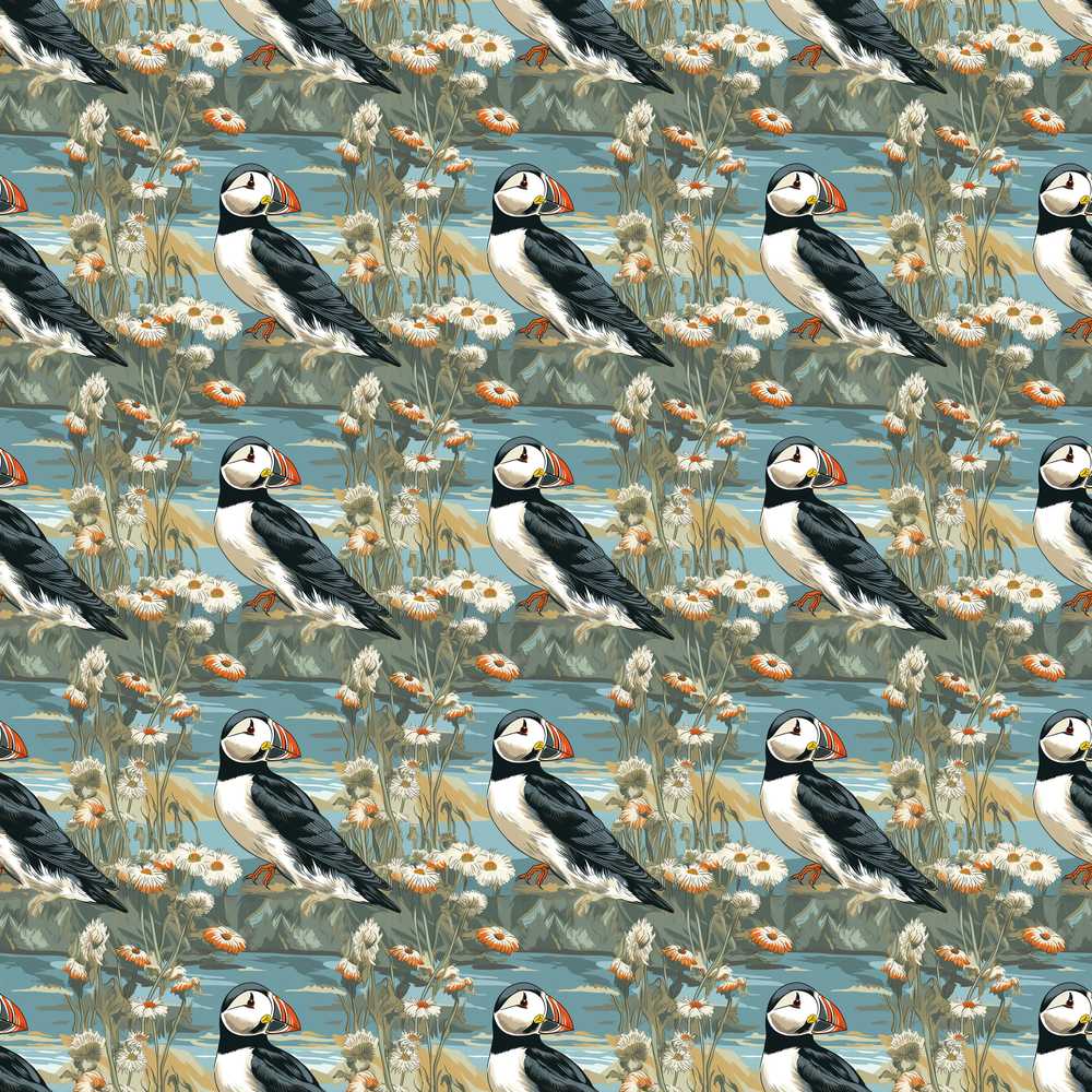 Puffin Coastal Landscape Scenic Nature Seamless Illustration Repeat