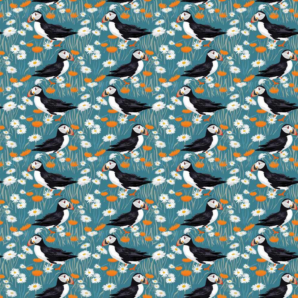 Colorful Puffin Bird and Wildflower Meadow Pattern Botanical
