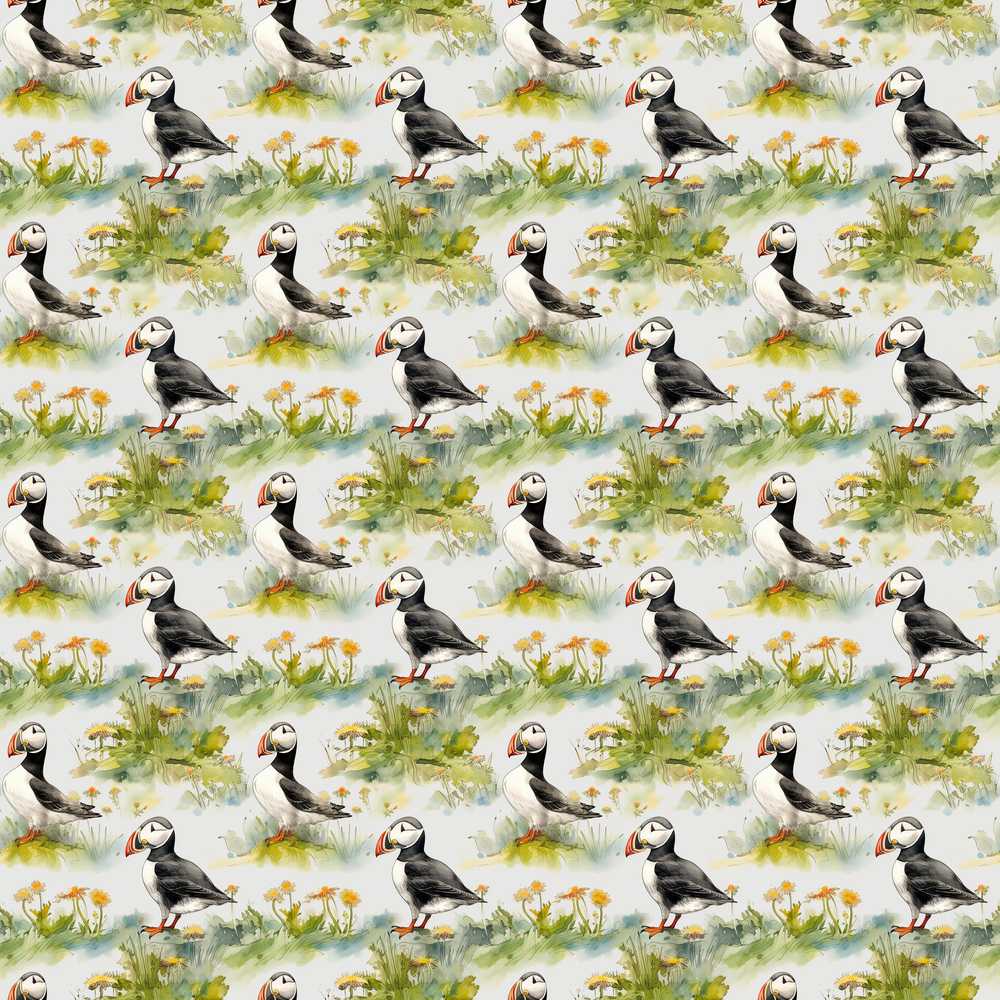 Watercolor Puffin Birds in Floral Meadow Garden Wildflower Pattern