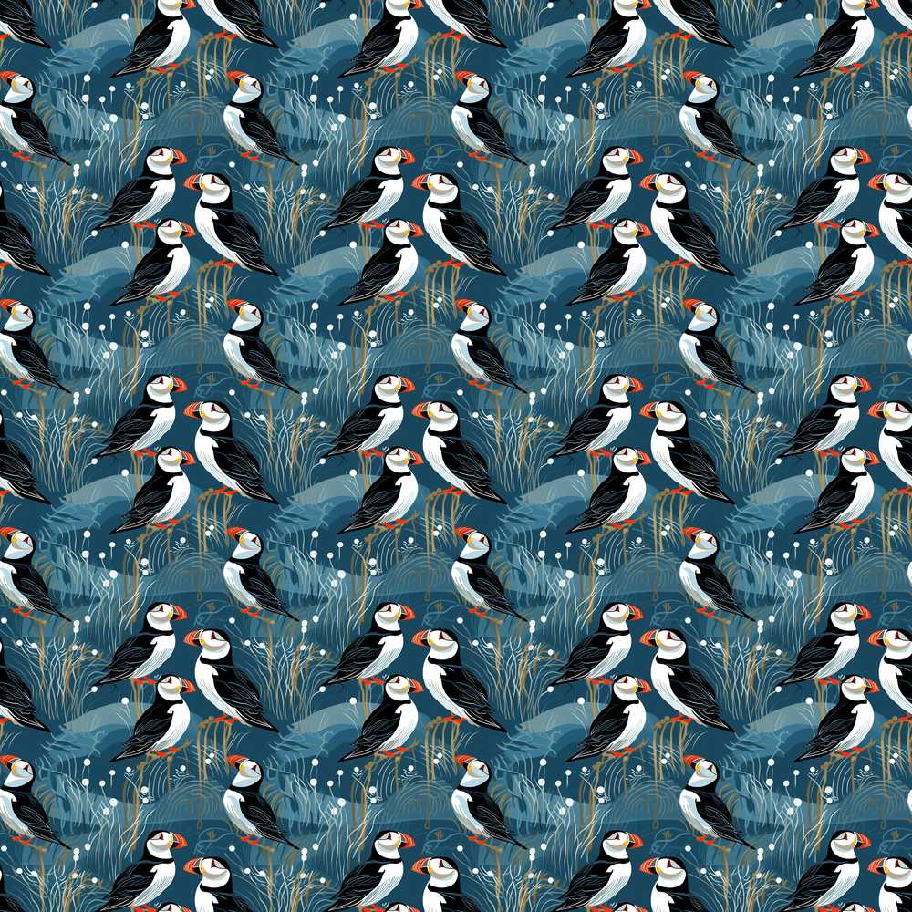 Decorative Puffin Birds with Abstract Ocean Plants Illustration