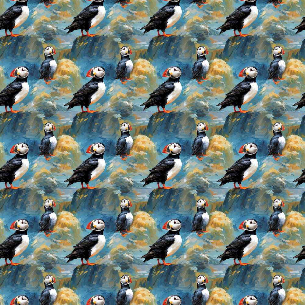 Artistic Puffin Birds on Rocky Landscape Illustration Repeat