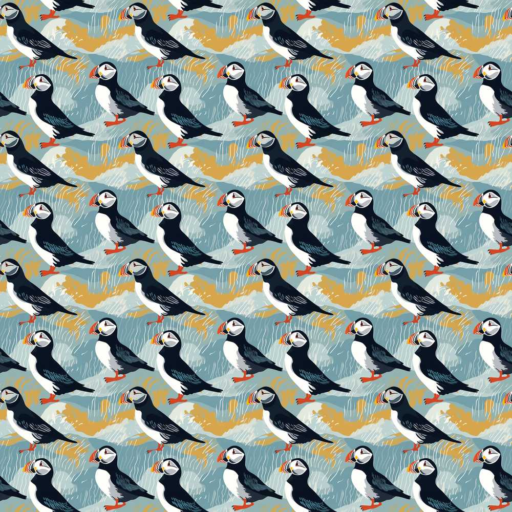 Minimal Puffin Birds with Abstract Waves Illustration Repeat