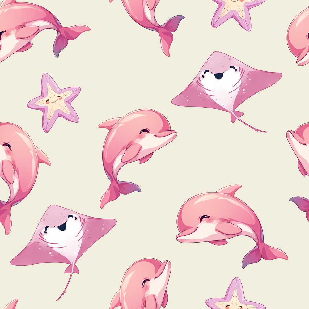 Cute Pink Dolphins and Starfish Seamless Ocean Soft Beige Background