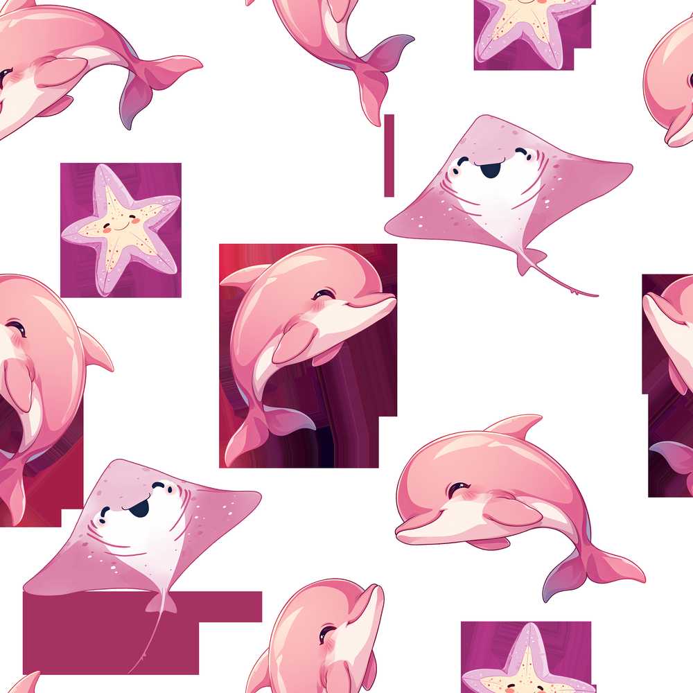 Cute Pink Dolphins and Starfish Seamless Ocean Light Grey Background