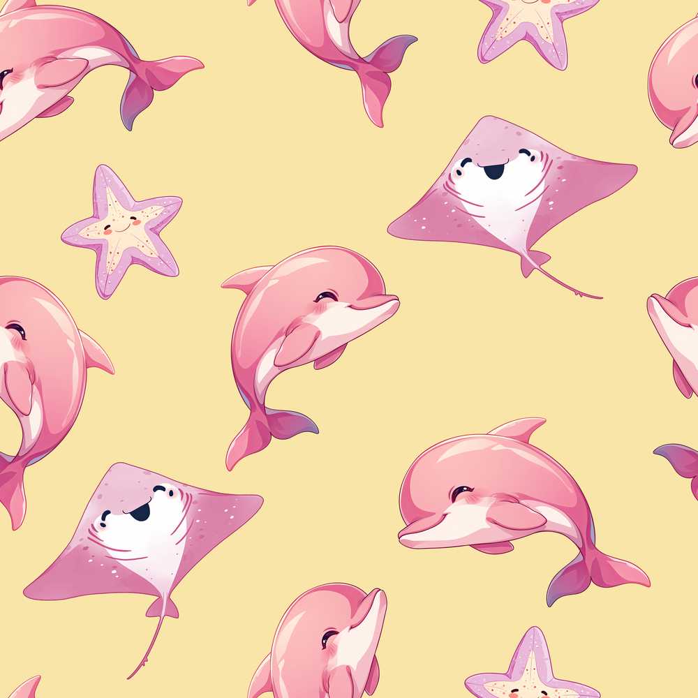 Cute Pink Dolphins and Starfish Seamless Ocean Yellow Background