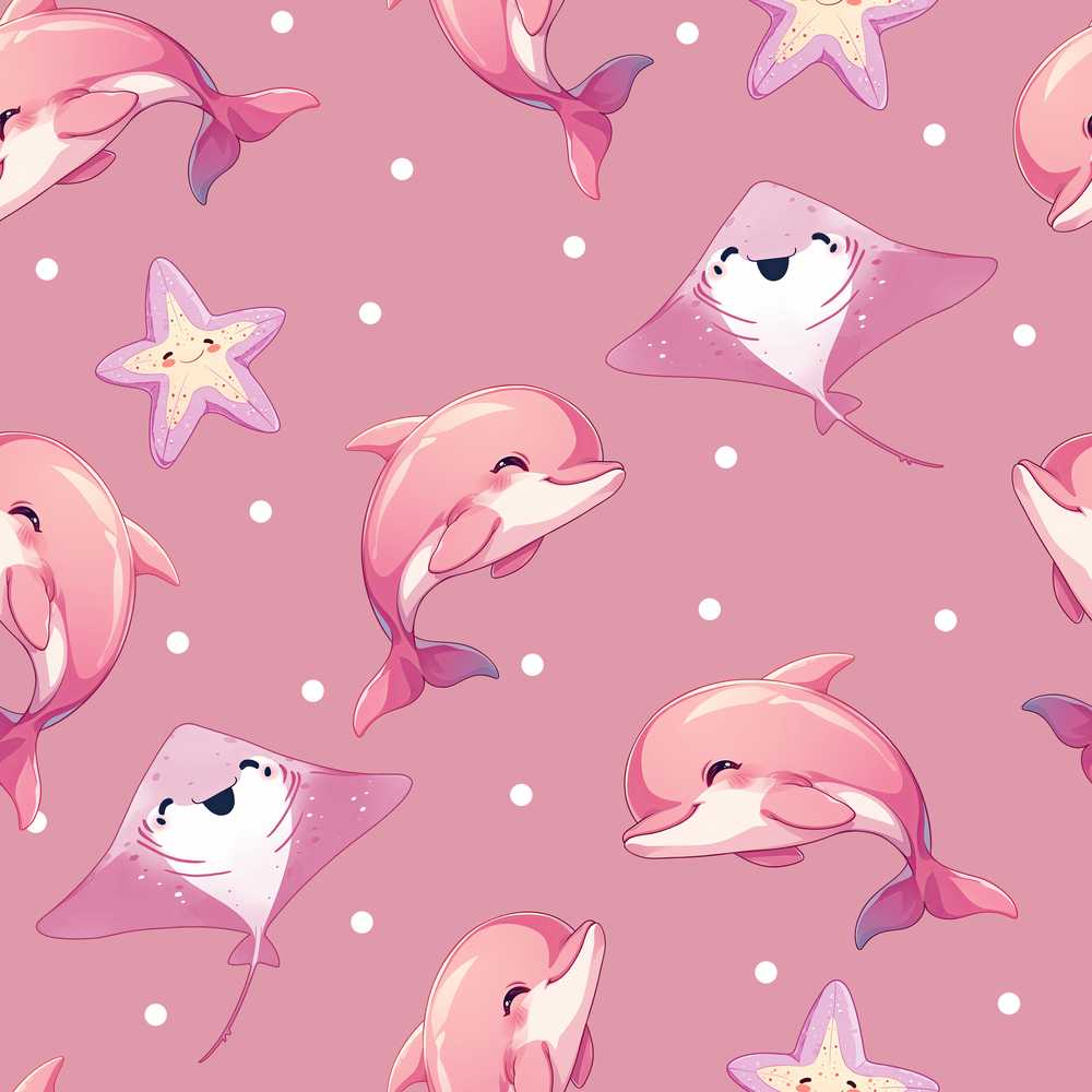 Cute Pink Dolphins and Starfish Seamless Ocean Pink Polka Dot