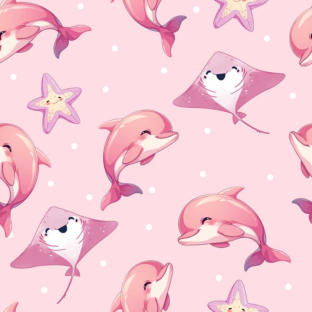 Cute Pink Dolphins and Starfish Ocean Soft Pink Polka Dot