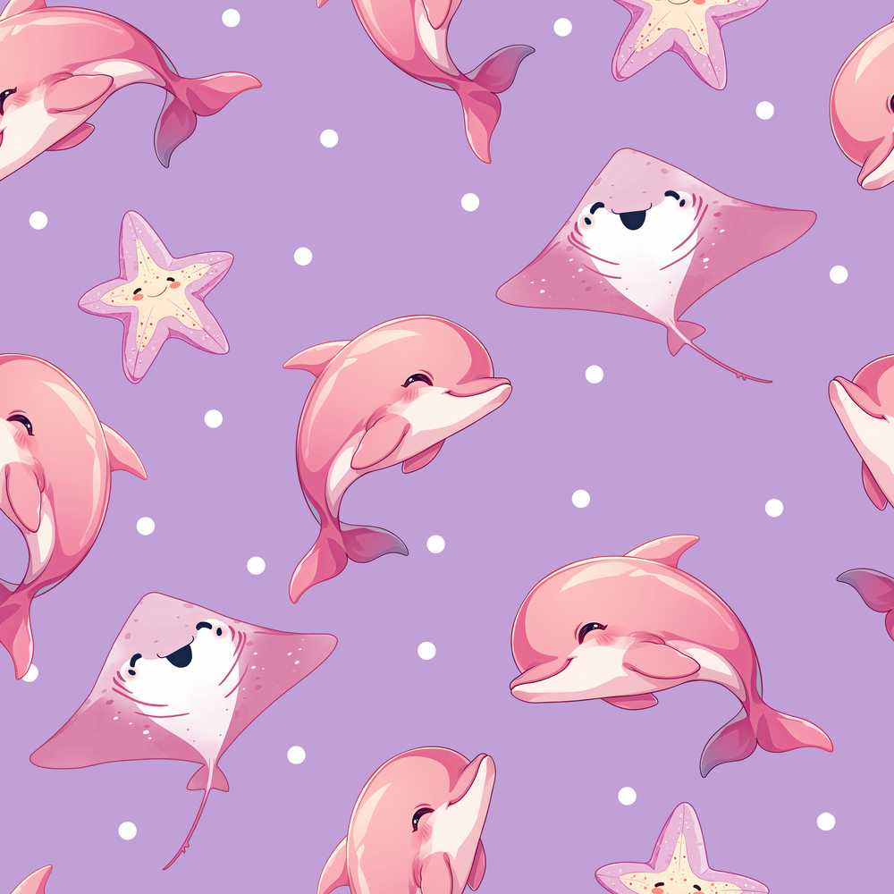 Cute Pink Dolphins and Starfish Seamless Ocean Purple Background