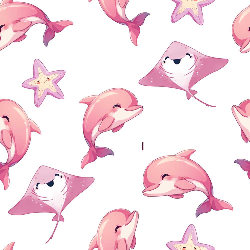 Cute Pink Dolphins and Starfish Seamless Ocean Light Grey Background