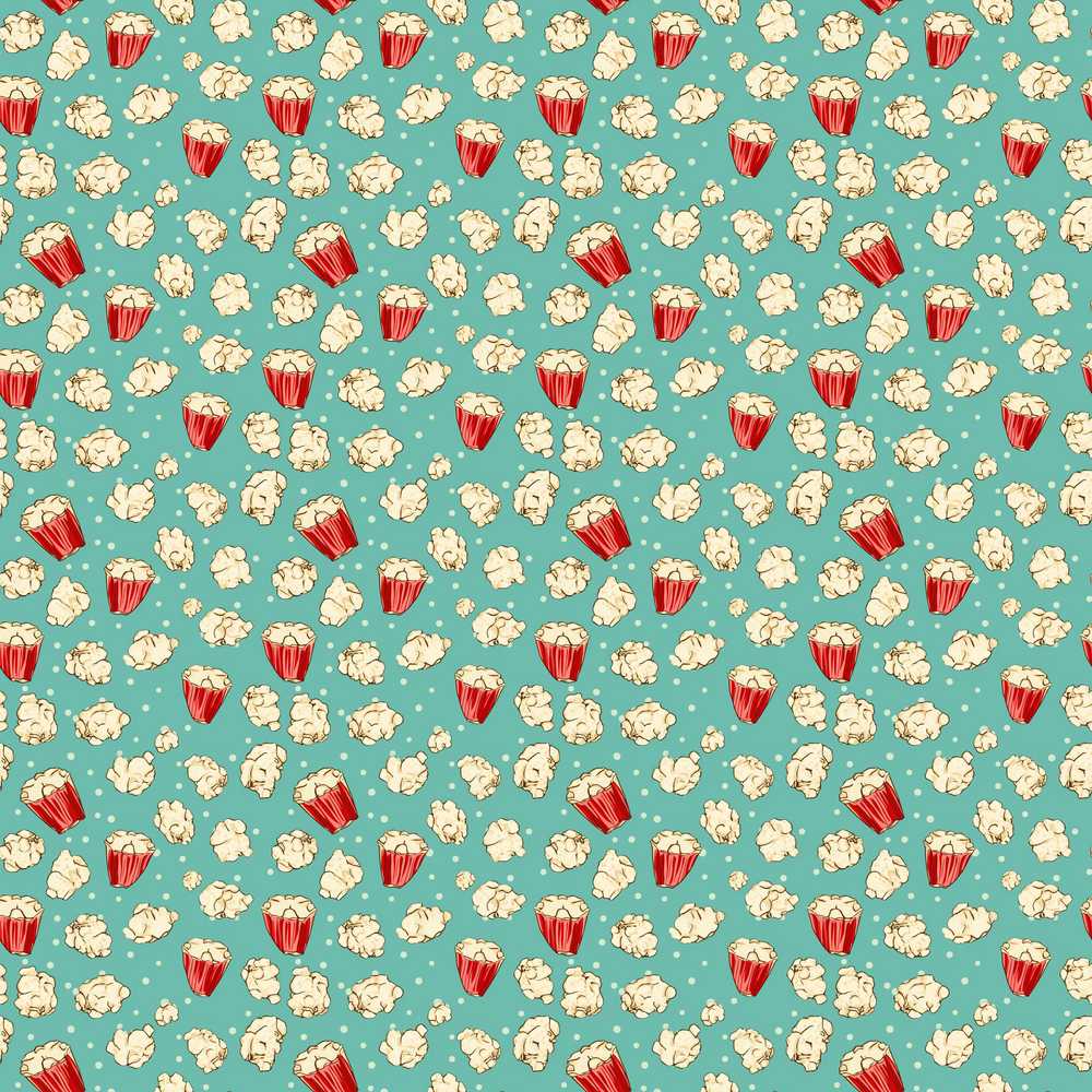 Popcorn Buckets and Kernels on Teal Polka Dot Background