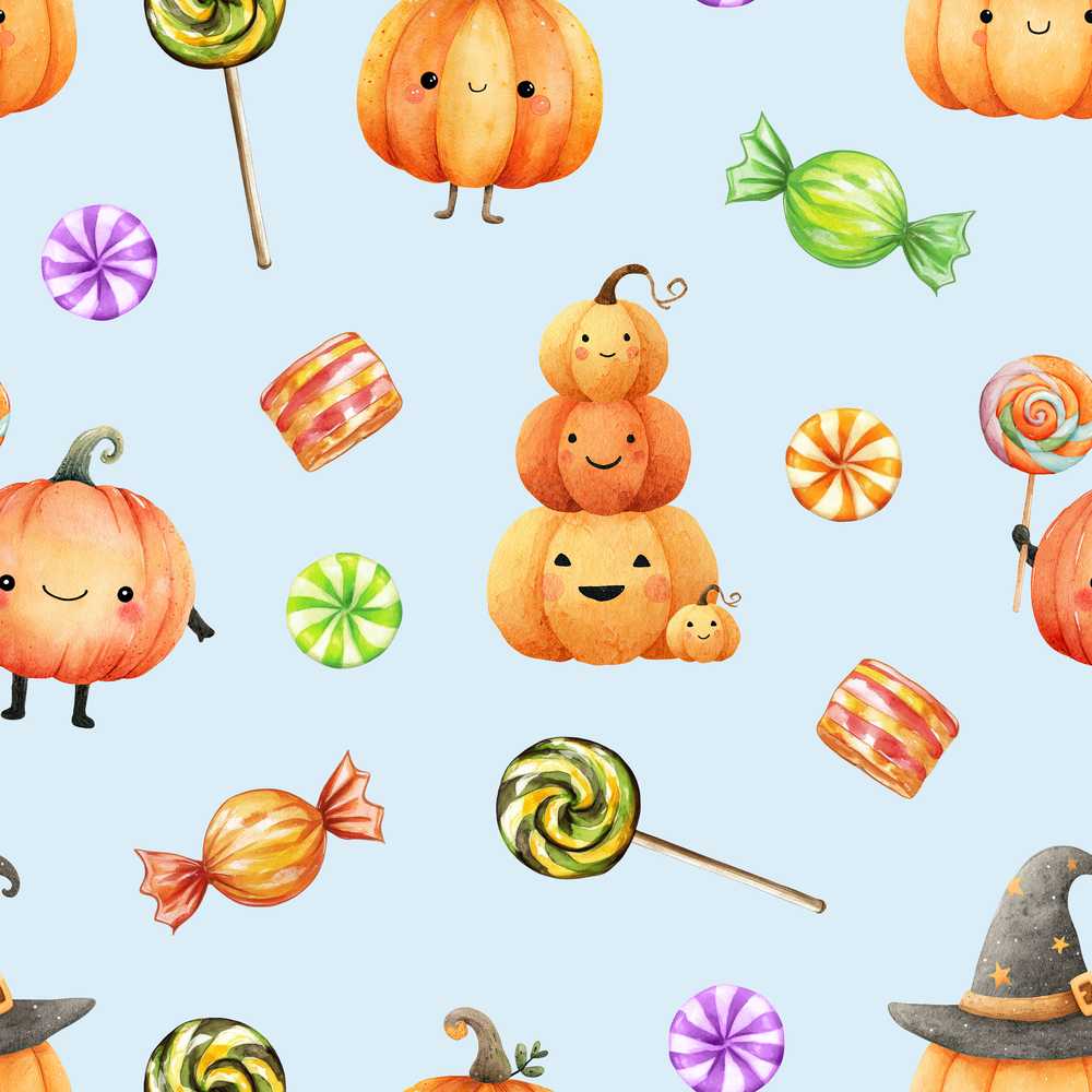 Cute Watercolor Pumpkins and Candy Sweets on Soft Blue Background