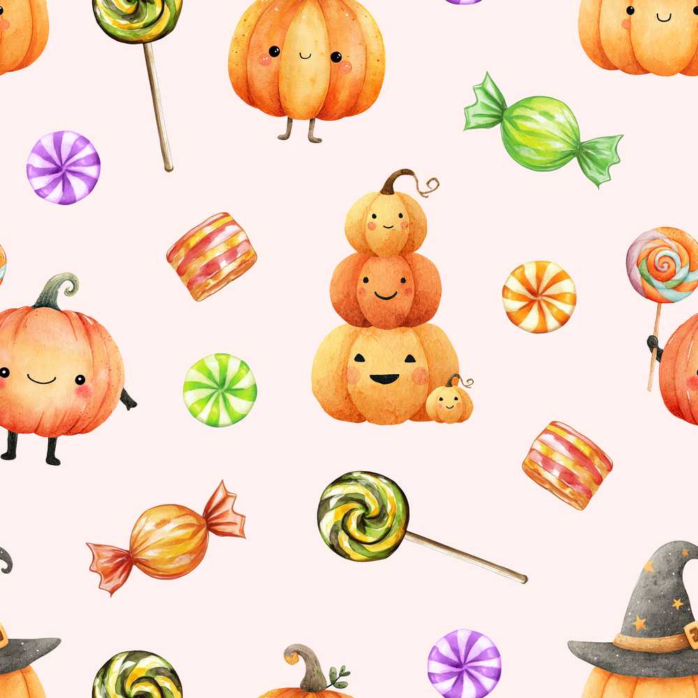 Cute Watercolor Pumpkins and Candy Sweets on Neutral Beige Background