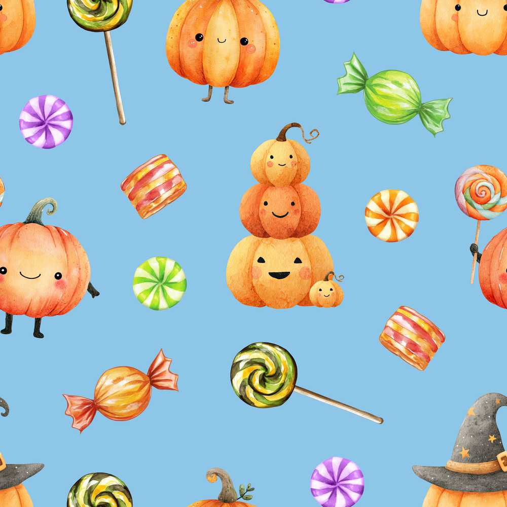 Cute Watercolor Pumpkins and Candy Sweets on Purple Background