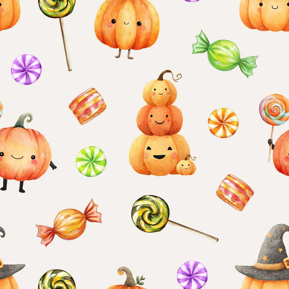 Cute Watercolor Pumpkins and Candy Sweets on Teal Green Background