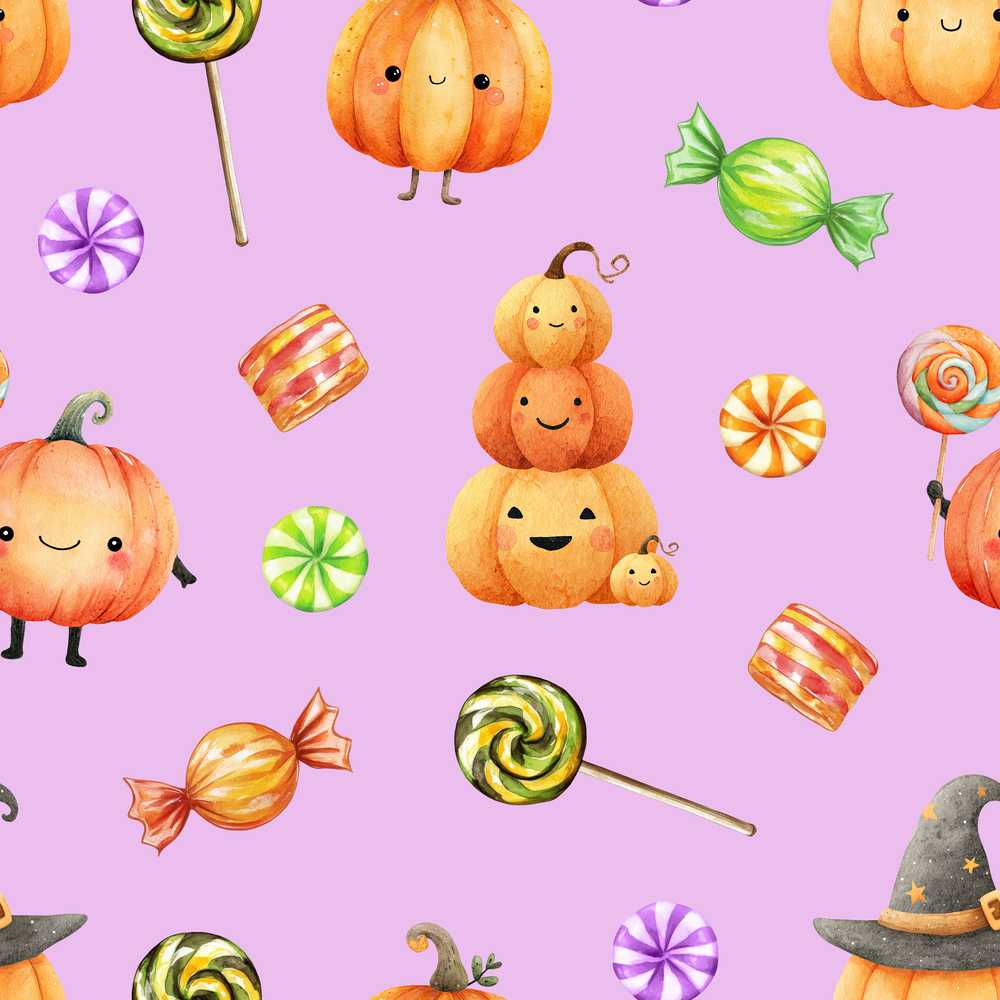 Cute Watercolor Pumpkins and Candy Sweets on Sage Green Background