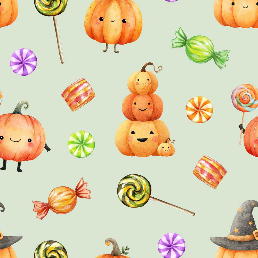 Cute Watercolor Pumpkins and Candy Sweets on Cream Background