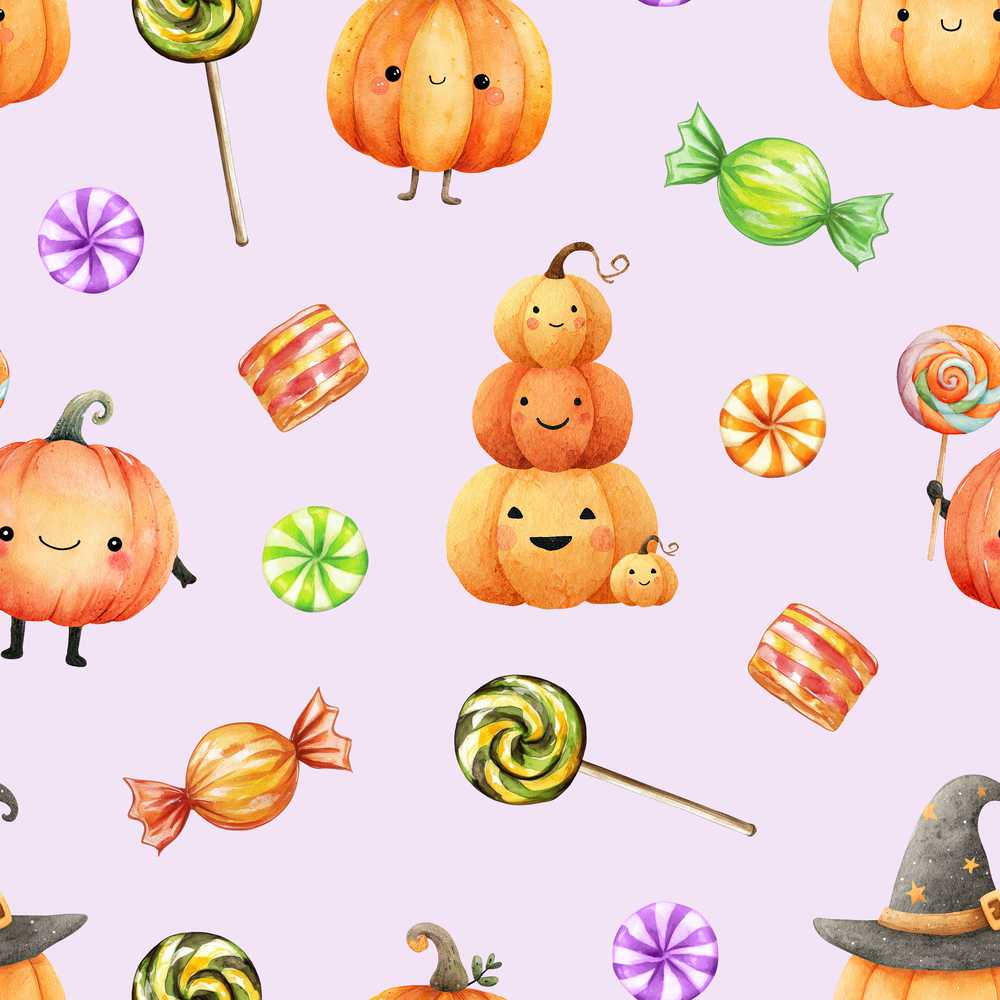 Cute Watercolor Pumpkins and Candy Sweets on Warm Beige Background