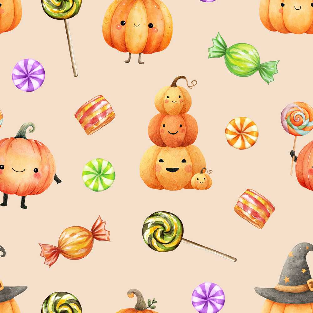Cute Watercolor Pumpkins and Candy Sweets on Soft Lilac Background