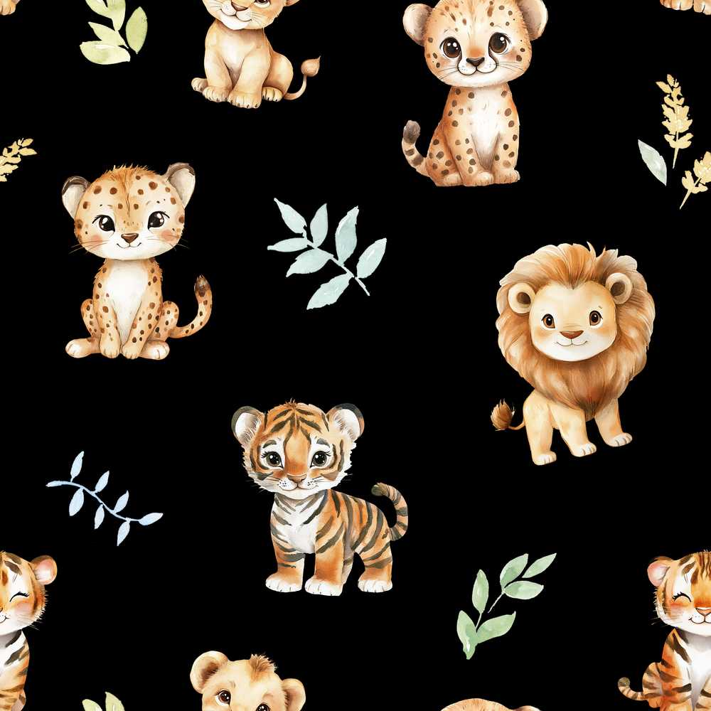 Adorable Baby Jungle Animals with Leaves on Black Background